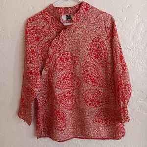 Womens blouse Sz L red white floral paisley long sleeve linen coastal boho